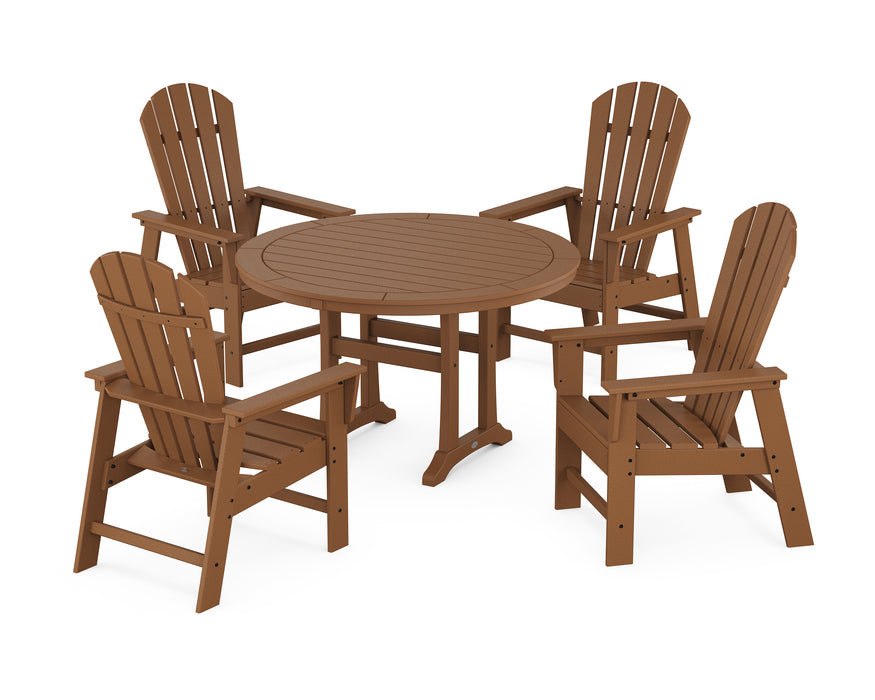 POLYWOOD South Beach 5-Piece Round Dining Set with Trestle Legs in Teak
